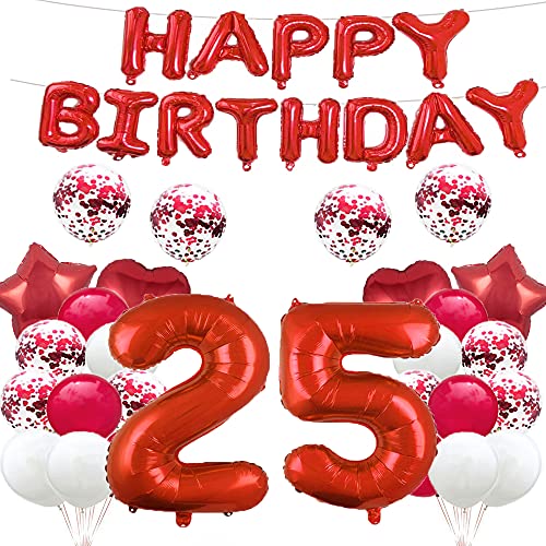 GLZLMM Luftballon zum 25. Geburtstag, Dekoration zum 25. Geburtstag, Rot, 25 Luftballons, Partyzubehör, Nummer 25, Mylar-Folie, Latex-Ballon, Geschenke für Mädchen, Jungen, Frauen, Männer von GLZLMM