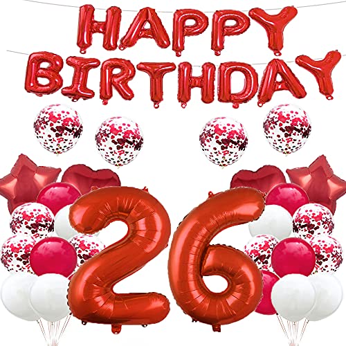 GLZLMM Luftballon zum 26. Geburtstag, Dekoration zum 26. Geburtstag, Rot, 26 Luftballons, Partyzubehör, Nummer 26, Mylar-Folie, Latex-Ballon, Geschenke für Mädchen, Jungen, Frauen, Männer von GLZLMM