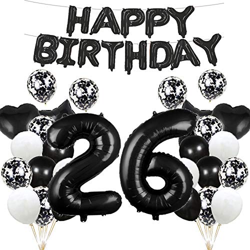 Luftballon zum 26. Geburtstag, Dekoration, schwarz, 26 Luftballons, Happy 26th Birthday, Partyzubehör, Nummer 26, Folie, Mylar-Ballons, Latex-Ballon, Geschenke für Mädchen, Jungen, Frauen, Männer von GLZLMM