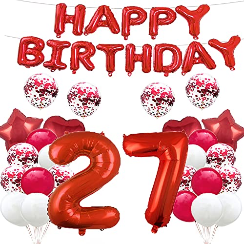 Luftballon zum 27. Geburtstag, Dekoration, Rot, 27 Luftballons, Happy 27th Birthday, Partyzubehör, Nummer 27, Folie, Mylar-Ballons, Latex-Ballon, Geschenke für Mädchen, Jungen, Frauen, Männer von GLZLMM