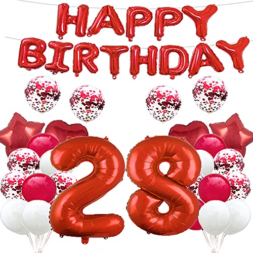 GLZLMM Ballon zum 28. Geburtstag, Dekoration zum 28. Geburtstag, Rot, 28 Luftballons, Partyzubehör, Nummer 28, Folienballons aus Mylar, Latex-Ballon, Geschenke für Mädchen, Jungen, Frauen, Männer von GLZLMM