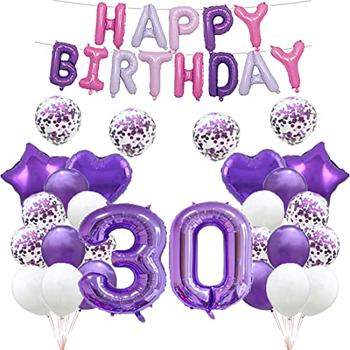 Luftballon zum 30. Geburtstag, Dekoration zum 30. Geburtstag, violett, 30 Luftballons,Partyzubehör, Nummer 30, Folien-Mylar-Luftballons, Latexballon, Geschenke für Mädchen, Jungen, Frauen, Männer von GLZLMM