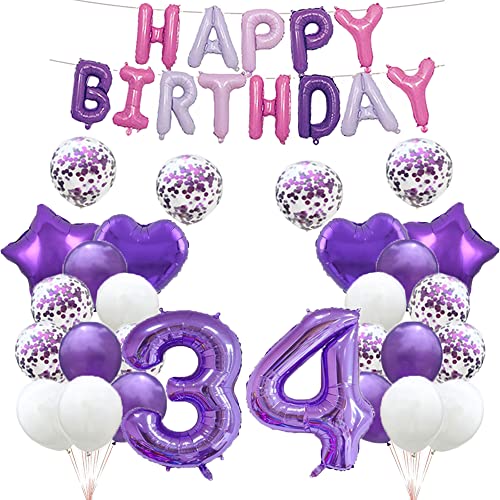Luftballon zum 34. Geburtstag, 34. Geburtstag, Violett, 34 Luftballons, Partyzubehör, Nummer 34, Mylar-Ballons, Latex-Ballons, Geschenke für Mädchen, Jungen, Frauen, Männer von GLZLMM