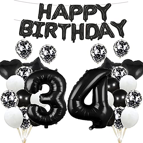 Luftballon zum 34. Geburtstag, Dekoration, schwarz, 34 Luftballons, "Happy 34th Birthday", Partyzubehör, Nummer 34, Folie, Mylar-Ballons, Latex-Ballon, Geschenke für Mädchen, Jungen, Frauen, Männer von GLZLMM