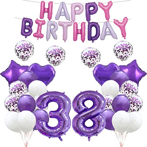 Luftballon zum 38. Geburtstag, 38. Geburtstag, Violett, 38 Luftballons "Happy 38th Birthday", Partyzubehör, Nummer 38, Folienballons, Latexballon, Geschenke für Mädchen, Jungen, Frauen, Männer von GLZLMM
