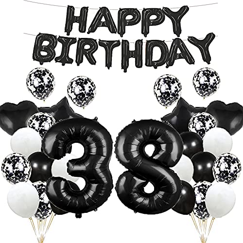 Luftballon zum 38. Geburtstag, Dekoration, schwarz, 38 Luftballons, "Happy 38th Birthday", Partyzubehör, Nummer 38, Folie, Mylar-Ballons, Latex-Ballon, Geschenke für Mädchen, Jungen, Frauen, Männer von GLZLMM