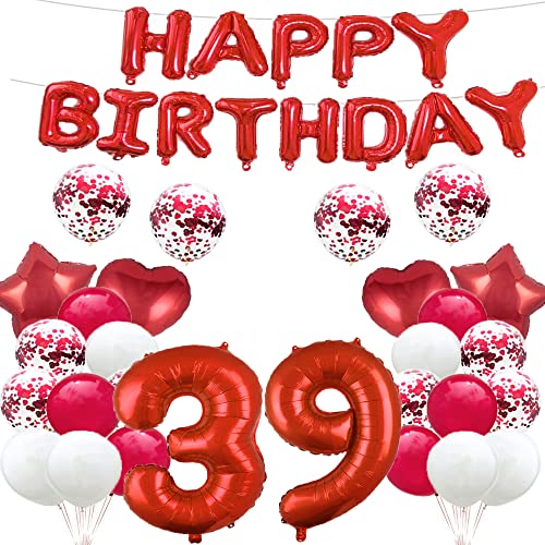 Luftballon zum 39. Geburtstag, 39. Geburtstag, Rot, 39 Luftballons, Partyzubehör, Nummer 39, Mylar-Ballons, Latex-Ballons, Geschenke für Mädchen, Jungen, Frauen, Männer von GLZLMM