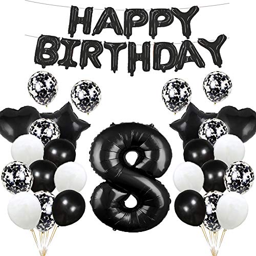 GLZLMM Luftballon zum 8. Geburtstag, Dekoration, schwarz, 8 Luftballons, Happy 8th Birthday, Partyzubehör, Nummer 8, Mylar-Luftballons, Latex-Ballon, Geschenke für Mädchen, Jungen, Frauen, Männer von GLZLMM