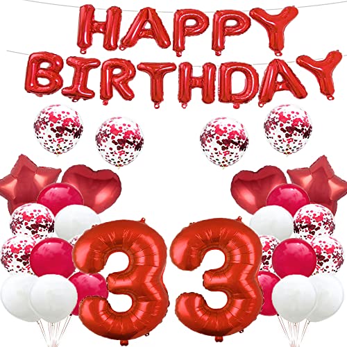 Luftballons zum 33. Geburtstag, 33. Geburtstag, Rot, 33 Luftballons, Partyzubehör, Nummer 33, Mylar-Ballons, Latex-Ballons, Geschenke für Mädchen, Jungen, Frauen, Männer von GLZLMM