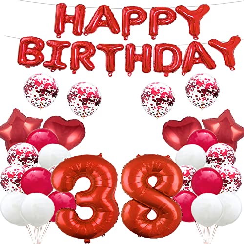 GLZLMM Ballon zum 38. Geburtstag, Dekoration zum 38. Geburtstag, Rot, 38 Luftballons, Partyzubehör, Nummer 38, Mylar-Folie, Latex-Ballon, Geschenke für Mädchen, Jungen, Frauen, Männer von GLZLMM