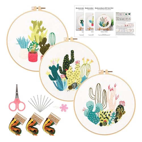 GMBYLBY 3 Sets Blumenstickerei Set Enthalten Anweisungen 3 Gemusterte Stickstoffstuchstiche Reifenfadenschere Und Nadel von GMBYLBY