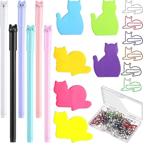 Schreibwaren-Set mit Katzenmotiv und 6 farbigen Haftnotizen, Papier, 30 Metall-Büroklammern, 6 Gel-Stiften für Kinder, Jungen, Mädchen, Studenten von GMBYLBY