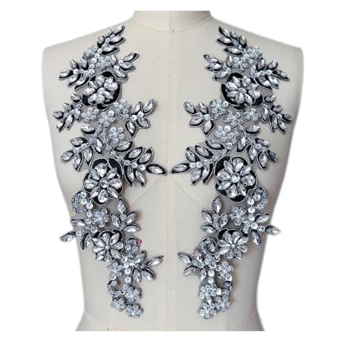 Blumen Zum AufbüGeln 1 Paar Glas 3D Kristall Strass Spitze Applikation Patches for Aufnähen auf Hochzeitskleid Kleidung Kostüme Morgenmantel(Black and white) von GMGQJST