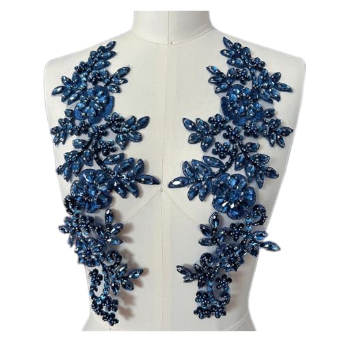 Blumen Zum AufbüGeln 1 Paar Glas 3D Kristall Strass Spitze Applikation Patches for Aufnähen auf Hochzeitskleid Kleidung Kostüme Morgenmantel(Deep blue) von GMGQJST