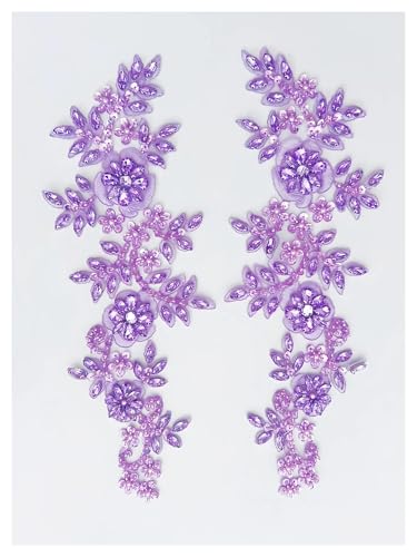 Blumen Zum AufbüGeln 1 Paar Glas 3D Kristall Strass Spitze Applikation Patches for Aufnähen auf Hochzeitskleid Kleidung Kostüme Morgenmantel(Light purple) von GMGQJST