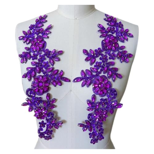 Blumen Zum AufbüGeln 1 Paar Glas 3D Kristall Strass Spitze Applikation Patches for Aufnähen auf Hochzeitskleid Kleidung Kostüme Morgenmantel(Purple) von GMGQJST