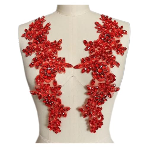 Blumen Zum AufbüGeln 1 Paar Glas 3D Kristall Strass Spitze Applikation Patches for Aufnähen auf Hochzeitskleid Kleidung Kostüme Morgenmantel(Red) von GMGQJST