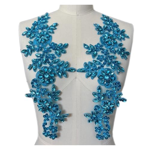 Blumen Zum AufbüGeln 1 Paar Glas 3D Kristall Strass Spitze Applikation Patches for Aufnähen auf Hochzeitskleid Kleidung Kostüme Morgenmantel(Sky blue) von GMGQJST