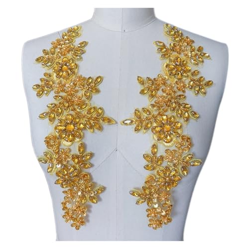 Blumen Zum AufbüGeln 1 Paar Glas 3D Kristall Strass Spitze Applikation Patches for Aufnähen auf Hochzeitskleid Kleidung Kostüme Morgenmantel(Yellow) von GMGQJST