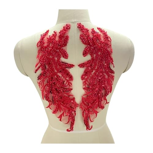 Blumen Zum AufbüGeln 1 Paar mehrfarbige handgefertigte Perlen-Pailletten-Spitzenstickerei, Spiegel-Blumen-Hochzeitskleid-Performance-Kleidung, DIY-Applikation(Red) von GMGQJST
