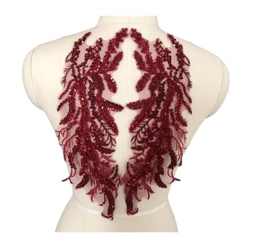 Blumen Zum AufbüGeln 1 Paar mehrfarbige handgefertigte Perlen-Pailletten-Spitzenstickerei, Spiegel-Blumen-Hochzeitskleid-Performance-Kleidung, DIY-Applikation(Wine Red) von GMGQJST