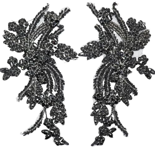Blumen Zum AufbüGeln 1 Paar mehrfarbige handgenähte Glasbohrspiegelblumen mit funkelnden Strasssteinen for Mäntel, Taillenbänder und Schultern, Hochzeitskleider, DIY-Patch(Black) von GMGQJST
