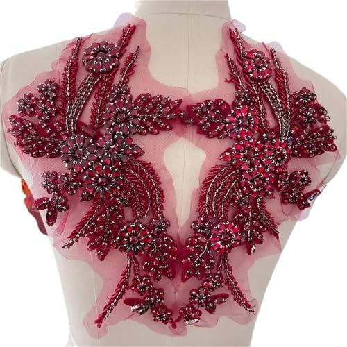 Blumen Zum AufbüGeln 1 Paar mehrfarbige handgenähte Glasbohrspiegelblumen mit funkelnden Strasssteinen for Mäntel, Taillenbänder und Schultern, Hochzeitskleider, DIY-Patch(Burgundy) von GMGQJST