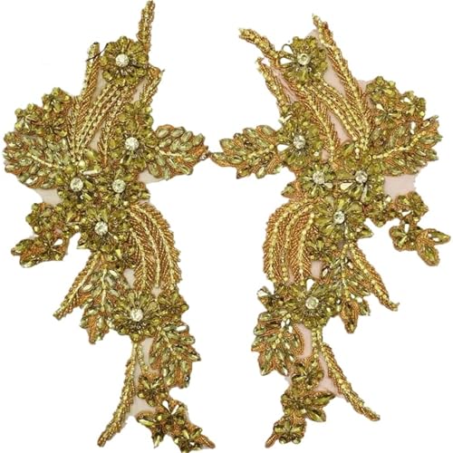 Blumen Zum AufbüGeln 1 Paar mehrfarbige handgenähte Glasbohrspiegelblumen mit funkelnden Strasssteinen for Mäntel, Taillenbänder und Schultern, Hochzeitskleider, DIY-Patch(Golden) von GMGQJST