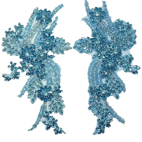 Blumen Zum AufbüGeln 1 Paar mehrfarbige handgenähte Glasbohrspiegelblumen mit funkelnden Strasssteinen for Mäntel, Taillenbänder und Schultern, Hochzeitskleider, DIY-Patch(Lake Blue) von GMGQJST