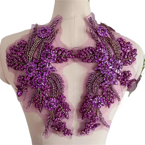 Blumen Zum AufbüGeln 1 Paar mehrfarbige handgenähte Glasbohrspiegelblumen mit funkelnden Strasssteinen for Mäntel, Taillenbänder und Schultern, Hochzeitskleider, DIY-Patch(Purple red) von GMGQJST