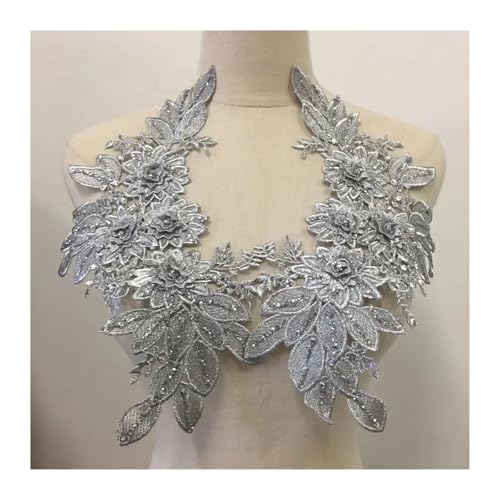 Blumen Zum AufbüGeln 1 Paar silber-goldene Spitzenapplikationen for Aufnähen auf Kleidung, 3D-Blumenaufkleber, Anzug-Stickereiapplikationen, DIY-Stoff, 32 x 22 cm(SLIVER) von GMGQJST