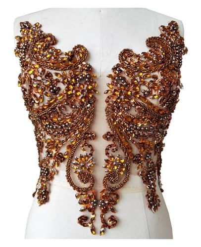 Blumen Zum AufbüGeln Handgemachte Strass-Applikation for Aufnähen, goldene Kristallbesatz-Patches mit Steinen, Pailletten, Perlen for Kleider(Coffee) von GMGQJST