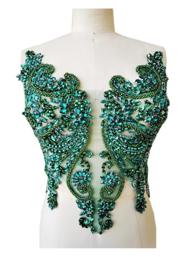 Blumen Zum AufbüGeln Handgemachte Strass-Applikation for Aufnähen, goldene Kristallbesatz-Patches mit Steinen, Pailletten, Perlen for Kleider(Deepgreen) von GMGQJST