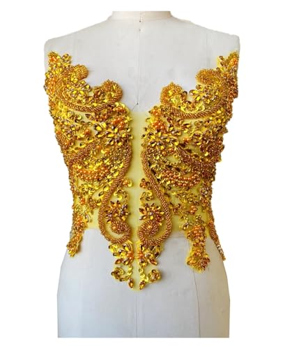 Blumen Zum AufbüGeln Handgemachte Strass-Applikation for Aufnähen, goldene Kristallbesatz-Patches mit Steinen, Pailletten, Perlen for Kleider(Gold) von GMGQJST