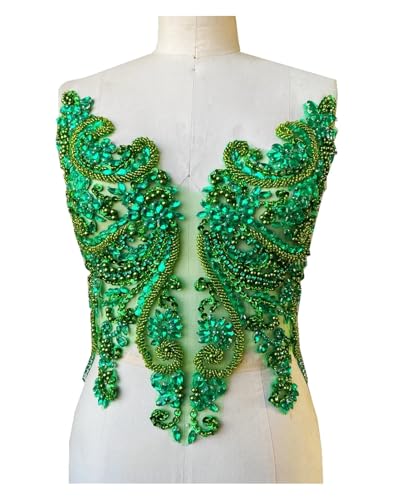 Blumen Zum AufbüGeln Handgemachte Strass-Applikation for Aufnähen, goldene Kristallbesatz-Patches mit Steinen, Pailletten, Perlen for Kleider(Green) von GMGQJST
