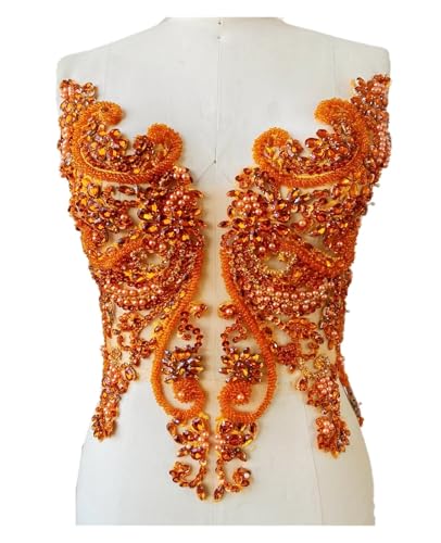 Blumen Zum AufbüGeln Handgemachte Strass-Applikation for Aufnähen, goldene Kristallbesatz-Patches mit Steinen, Pailletten, Perlen for Kleider(Orange) von GMGQJST