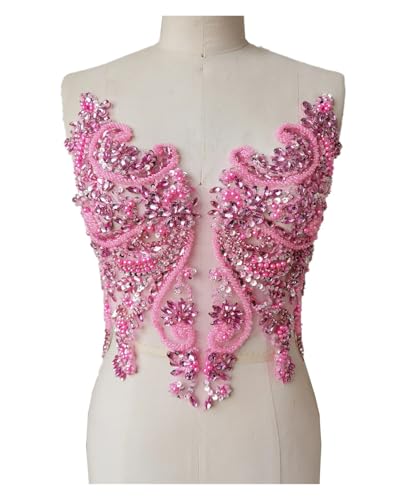 Blumen Zum AufbüGeln Handgemachte Strass-Applikation for Aufnähen, goldene Kristallbesatz-Patches mit Steinen, Pailletten, Perlen for Kleider(Pink) von GMGQJST