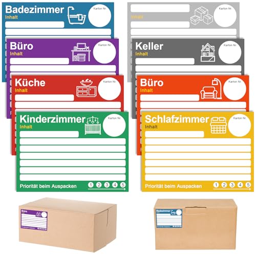 Umzugsetiketten Umzugsaufkleber zum Beschriften 80 Stück 15x10cm Aufkleber Umzugskartons Selbstklebend Sticker für Übersicht beim Umzug (8 Farben) von GMMG