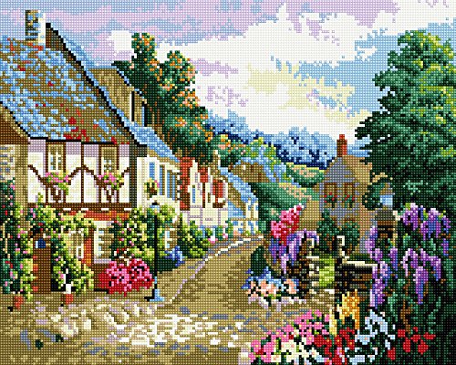 Diamond Vollbedeckung mit Holzrahmen Painting Set Bild 40 x 50 Diamant Malerei Stickerei Handarbeit Basteln Mosaik Steine Blumen Korb Haus am Bach (GJ027) von GMMH