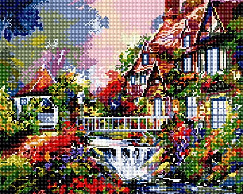 Diamond Vollbedeckung mit Holzrahmen Painting Set Bild 40 x 50 Diamant Malerei Stickerei Handarbeit Basteln Mosaik Steine Blumen Korb Haus am Bach (GJ239) von GMMH