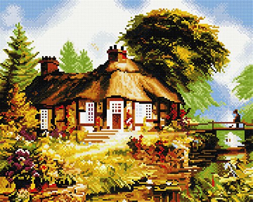 Diamond Vollbedeckung mit Holzrahmen Painting Set Bild 40 x 50 Diamant Malerei Stickerei Handarbeit Basteln Mosaik Steine Blumen Korb Haus am Bach (GJ542) von GMMH