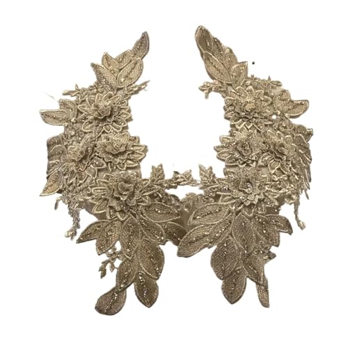 2 Paar silberne goldene Spitzenapplikationen zum Aufnähen auf Kleidung, 3D-Blumenaufkleber, Anzug, Stickapplikation, DIY-Tuch, 32 x 22 cm für Hosen (Gold) von GMVZGQW
