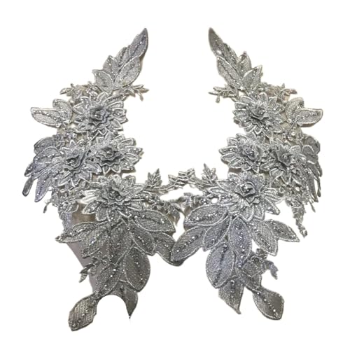 2 Paar silberne goldene Spitzenapplikationen zum Aufnähen auf Kleidung, 3D-Blumenaufkleber, Anzug, Stickerei, Applikation, DIY-Tuch, 32 x 22 cm für Hosen (Silber) von GMVZGQW
