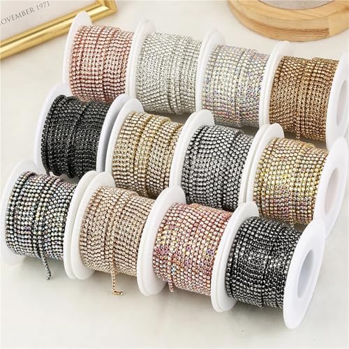 Kristall-Strass-Kette, 1,5 mm - 4,5 mm, glitzernd, klare Kristall-Strass-Kette, zum Aufnähen, Strassbesatz für DIY, Kleidung, Handwerk, Tassenkette zum Nähen von Schuhen, (KC Gold-Kristall, 91 cm SS16 von GMVZGQW