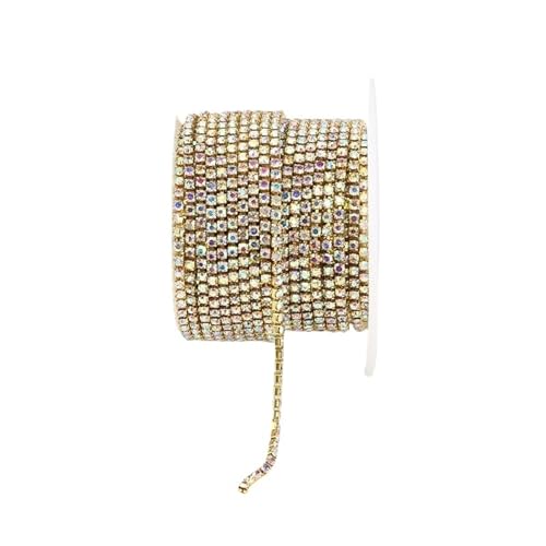 Kristall-Strass-Kette, 1,5 mm - 4,5 mm, glitzernd, klare Kristall-Strasssteine, zum Aufnähen, für Bastelarbeiten, Kleidung, Basteln, Tassenkette zum Nähen, von Schuhen (Gold-Kristall AB, 4 mm) von GMVZGQW
