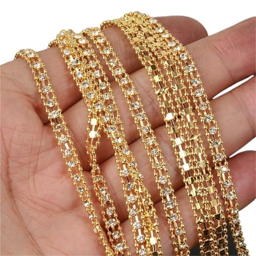 Kristall-Strass-Kette, 5 mm breit, Kristall-Strass-Perlenkette, Silbergold, Cup-Kette, Strass-Kette für Kleidung, Zubehör zum Nähen von Schuhen (Goldkristall, 5 mm breit, 91 cm) von GMVZGQW