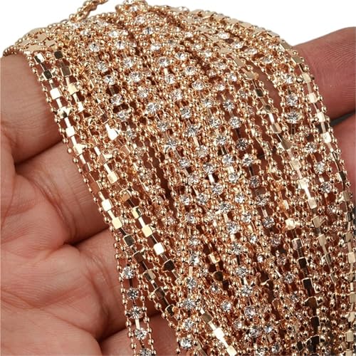 Kristall-Strass-Kette, 5 mm breit, Kristall-Strass-Perlenkette, Silbergold, Strass-Kette, Zierleiste für Kleidung, Zubehör zum Nähen von Schuhen (KC-Gold-Kristall, 5 mm breit, 2,7 m) von GMVZGQW