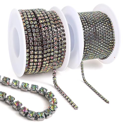 Kristall-Strass-Kette, 9,1 m/Rolle, Strasssteinbesatz, goldfarben, Diamanten, dekorative Applikation, Kristallbesatz für Kleider zum Nähen von Schuhen, Regenbogen-Vulkan, SS12–9 m von GMVZGQW