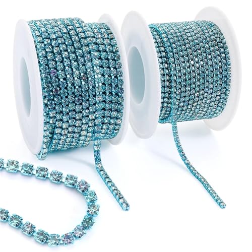 Kristall-Strass-Kette, 9,1 m/Rolle, Strasssteinbesatz, goldfarben, Diamanten, dekorative Applikation, Kristallbesatz für Kleider zum Nähen von Schuhen (Aquamarin-Vulkan, SS12–2 Yards) von GMVZGQW