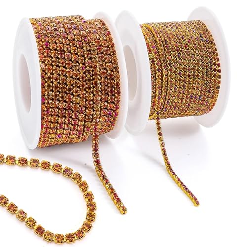 Kristall-Strass-Kette, 9,1 m/Rolle, Strasssteinbesatz, goldfarben, Diamanten, dekorative Applikation, Kristallbesatz für Kleider zum Nähen von Schuhen (goldener Vulkan, SS12–2 Yards) von GMVZGQW